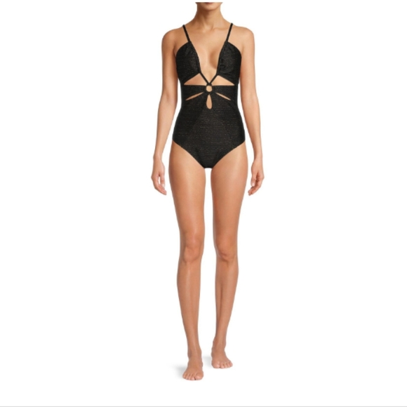 Time and Tru Ring Cut-Out One-Piece with Gold Metalic Weave Knit Swimsuit XL - Picture 3 of 12